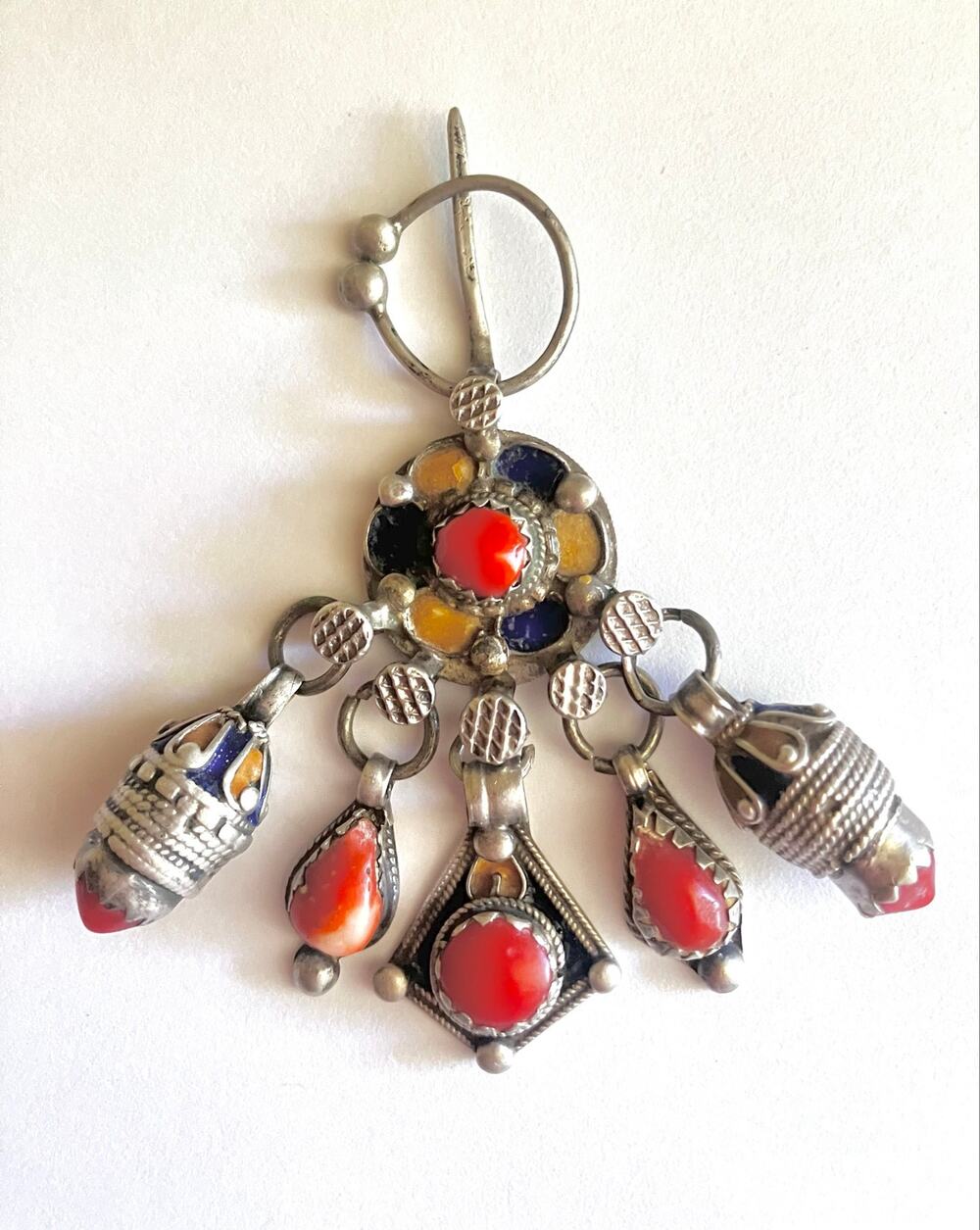 Antique Silver Kabyle Fibula Brooch Pin Algerian Coral Enamel Franc Coin Dangle